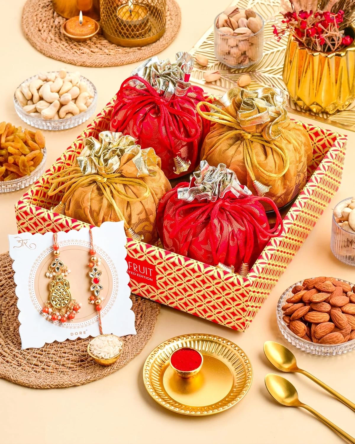 Rakhi Gift Hamper for Bhaiya Bhabhi Rawfruit's Handcrafted Potli Pack of 4 Cashew Almond Pistachios Raisins 495 Grams with Thali DryFruits Combo Pack Dry Fruits Gift Pack Rakhi with DryFruits Couple rakhi