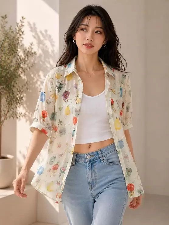 Women's Cream Fruit Print...